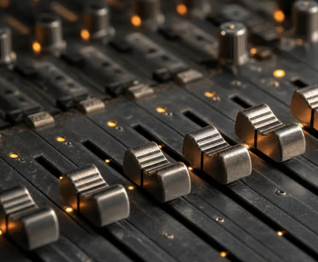 Analog mixer faders, close up